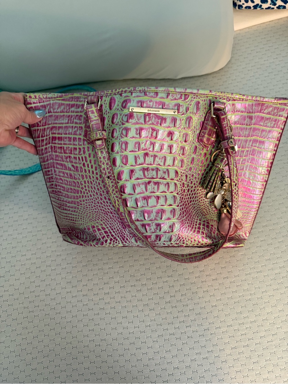 Brahmin Pink and Mint Croc-Embossed Tote